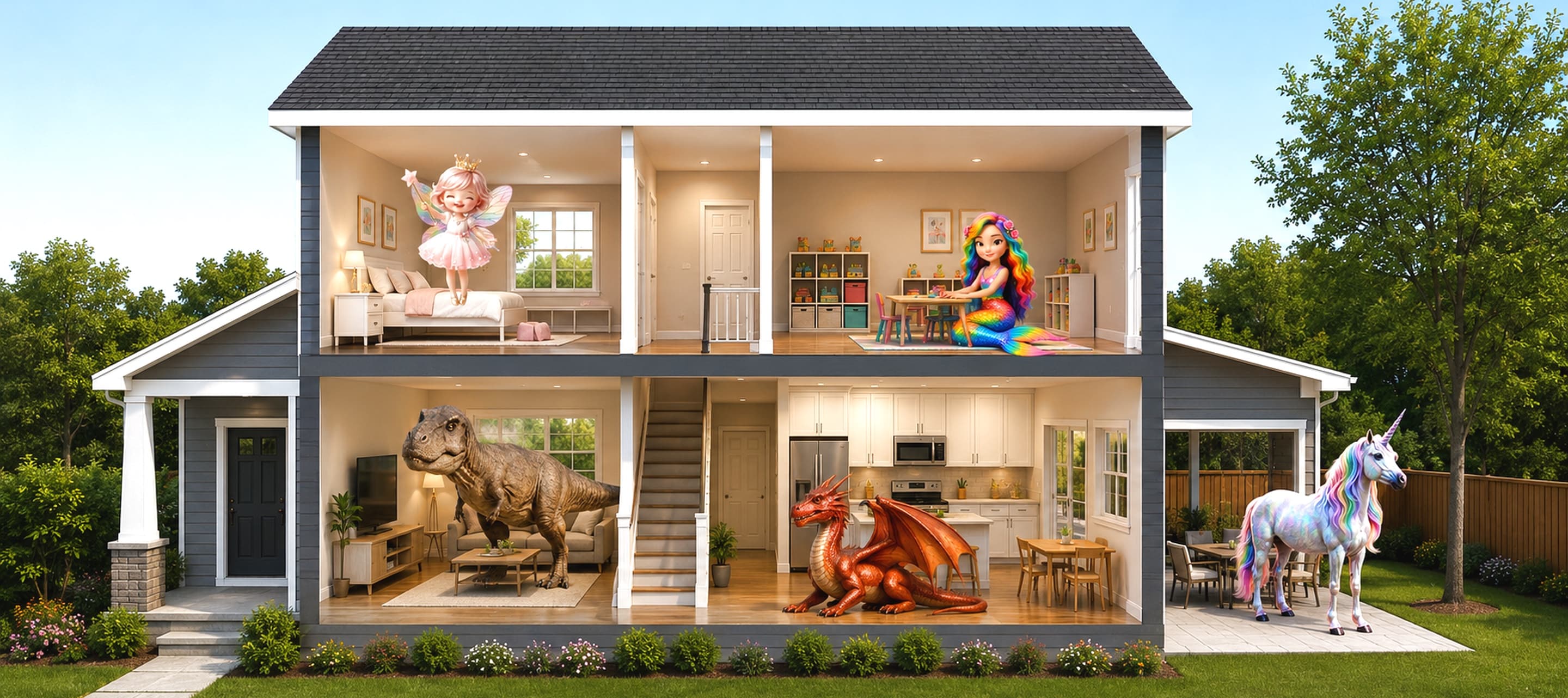 A magical cutaway house with one of our characters in each room