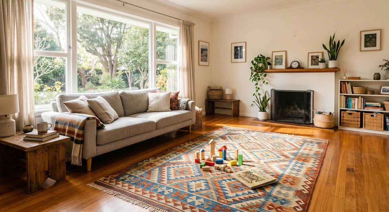 Easter Bunny hiding eggs in a living room
